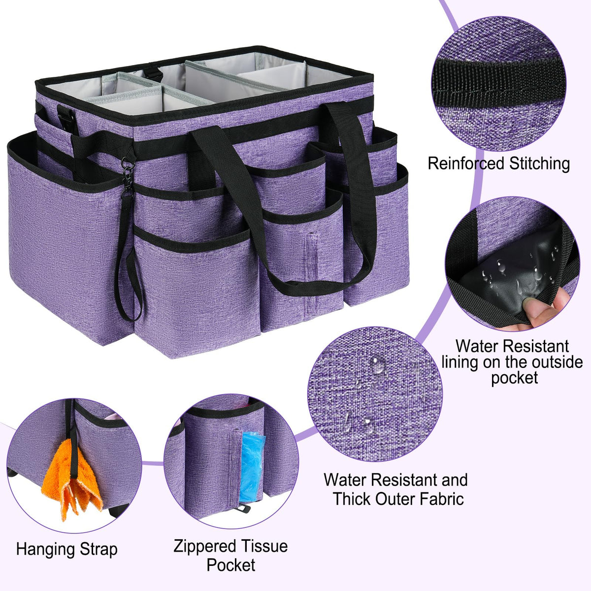 Side pockets and elastic loops on ZIOZERTT caddy hold brushes and gloves