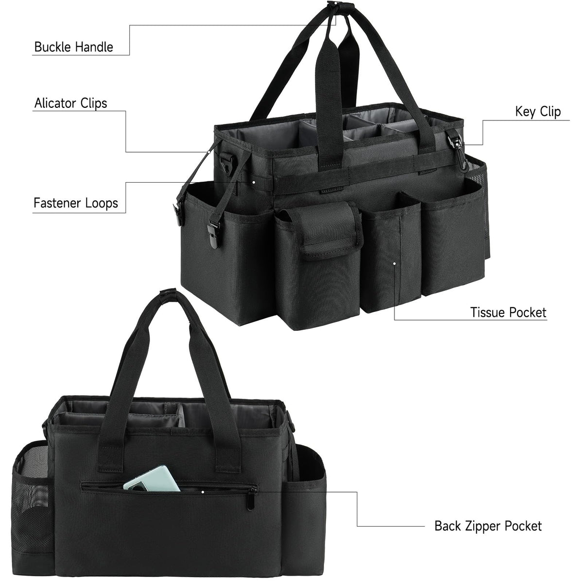 ZIOZERTT Cleaning Caddy with six pockets keeps small items tidy.