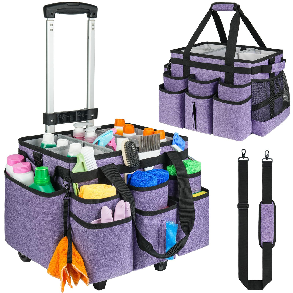 ZIOZERTT large rolling cleaning caddy bag front view for organized cleaning on the go