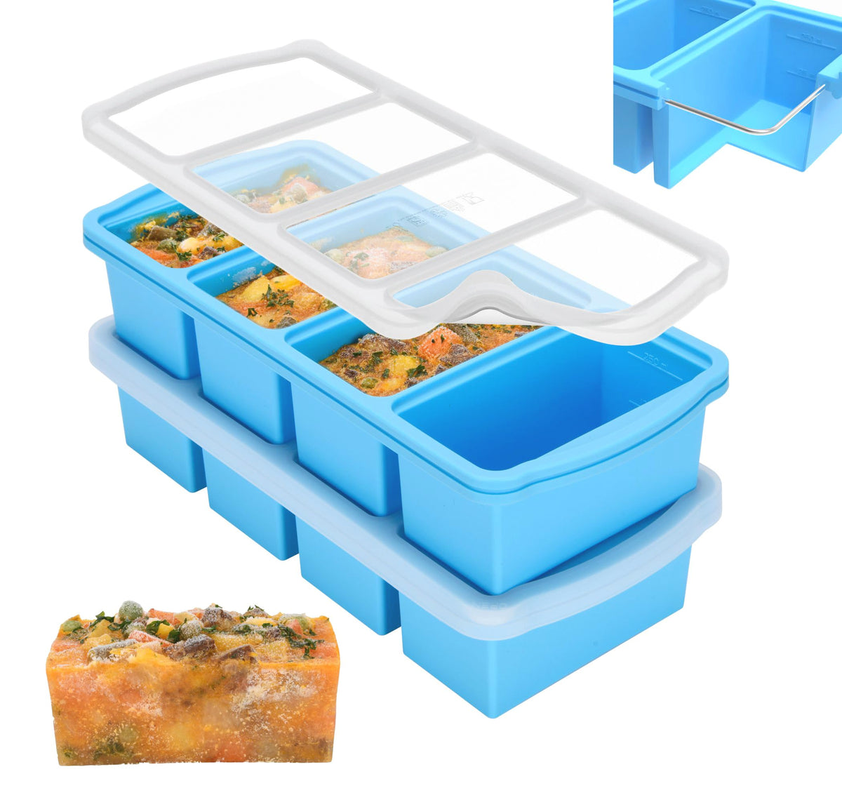 ZIP STANDING silicone freezer tray with lid shows 1-cup portions for precise meals