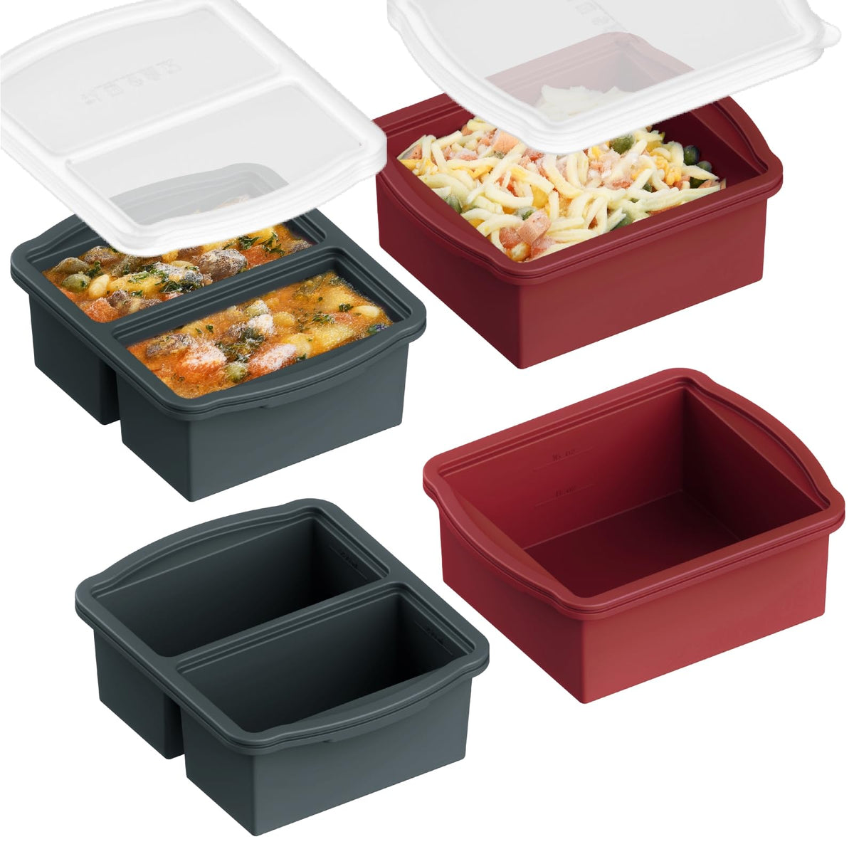 ZIP STANDING four-piece silicone freezer trays with lids for portioned meals.