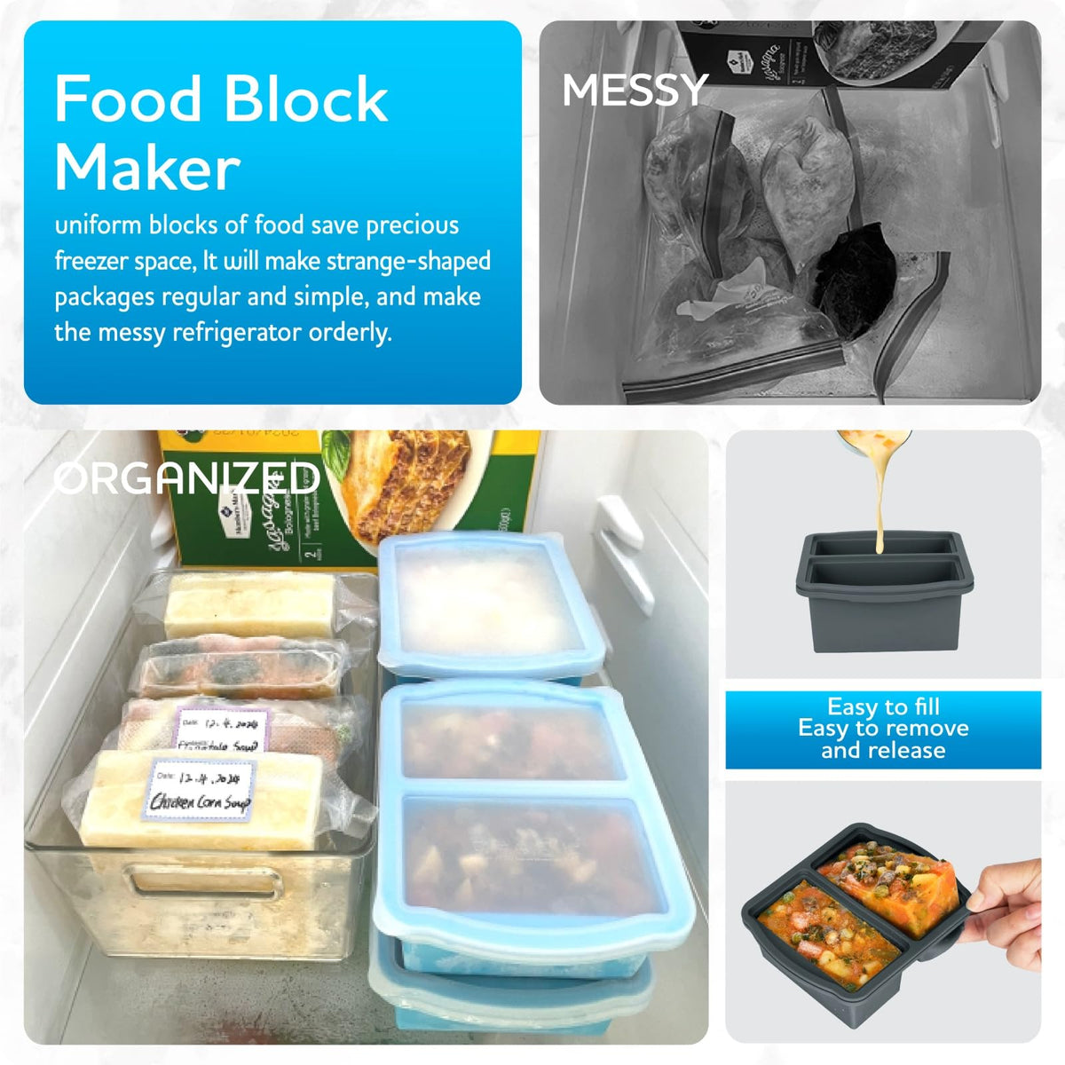 ZIP STANDING stackable freezer trays saving space in the freezer.
