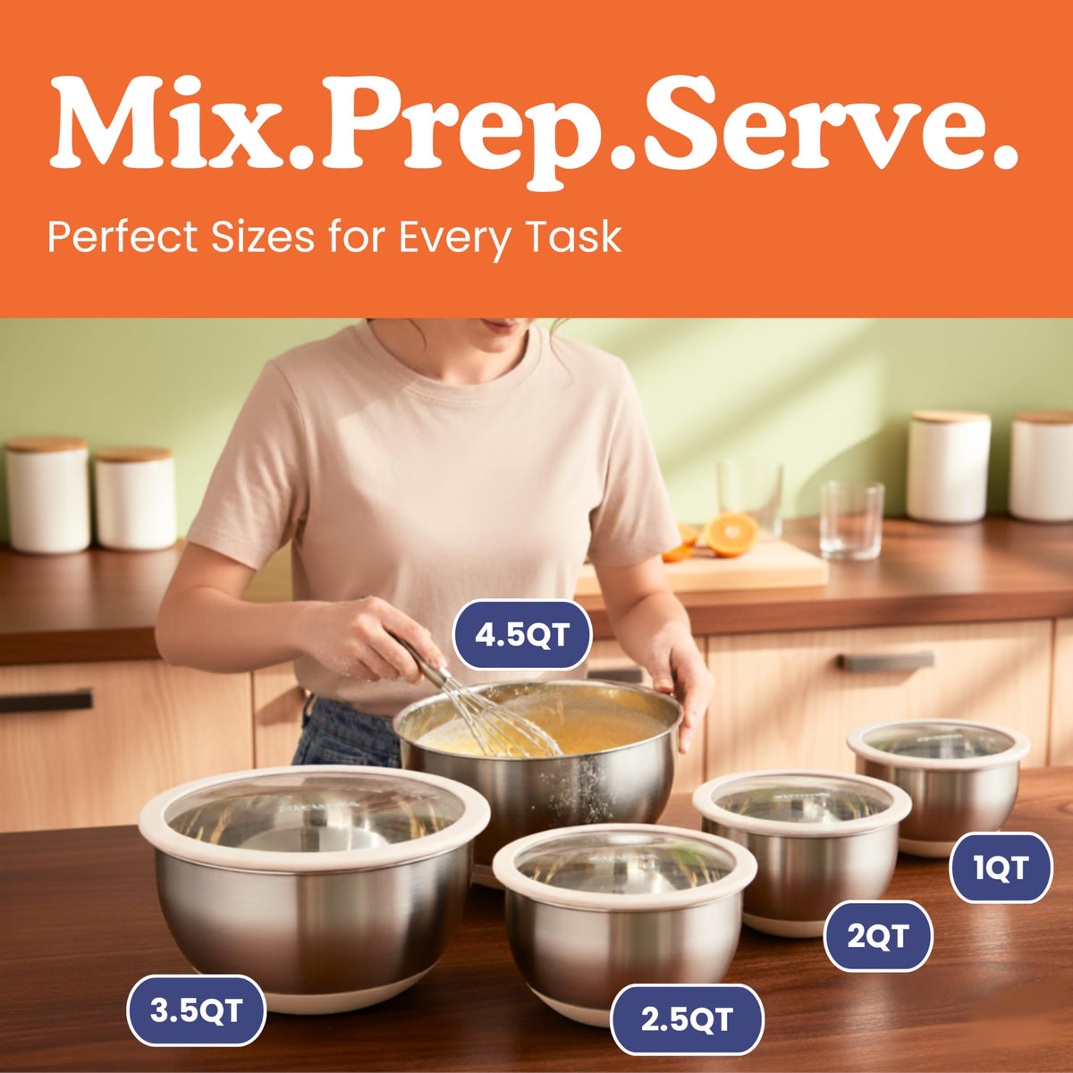 Ziruma 5-piece mixing bowl set covers prep, storage, and serving needs.