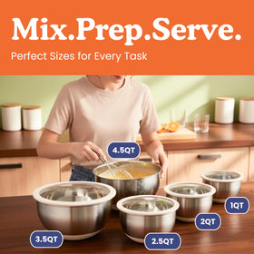 Ziruma 5-piece mixing bowl set covers prep, storage, and serving needs.