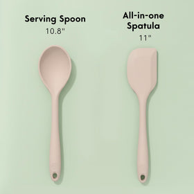 Ziruma beige-handled silicone utensils for comfortable grip.