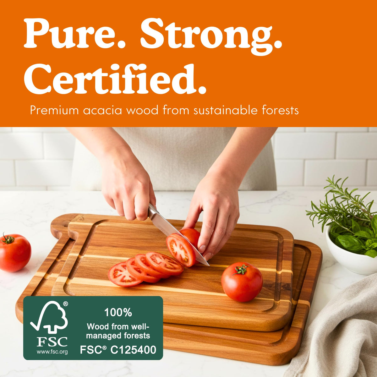 Ziruma FSC-certified acacia wood with natural grain and sustainability.