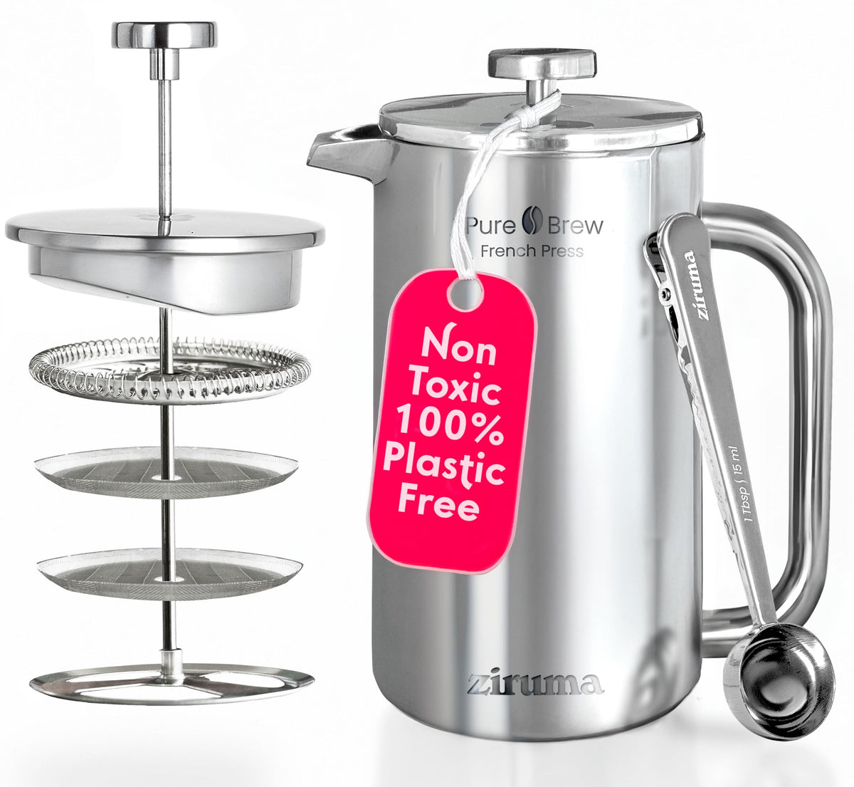 Ziruma non-toxic French press with 316 stainless steel for a clean, toxin-free brew