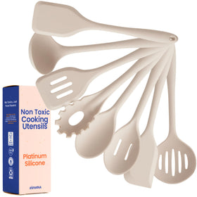 Ziruma 8-piece beige utensils set with non-toxic platinum silicone for safe cooking.