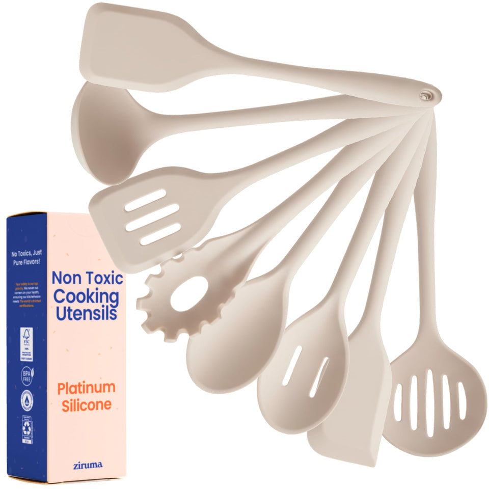 Ziruma 8-piece beige utensils set with non-toxic platinum silicone for safe cooking.