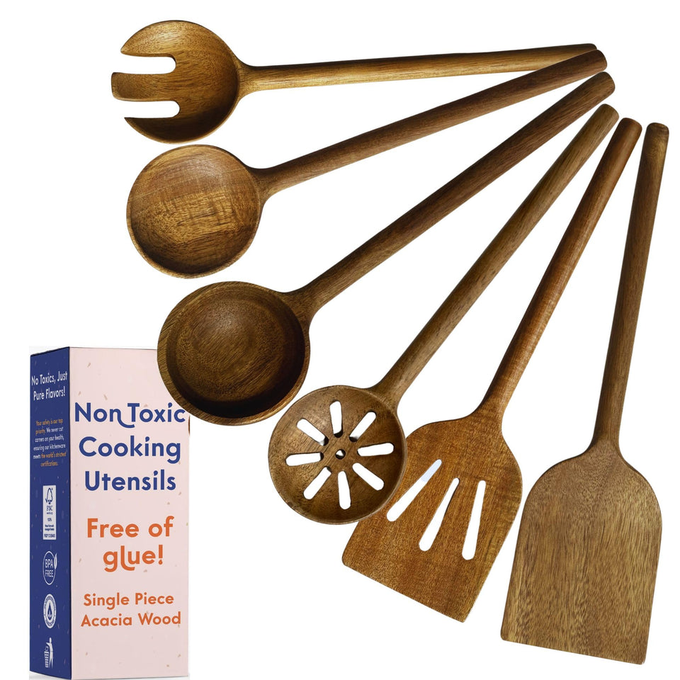 Ziruma non-toxic utensils set six-piece, single-block wood ideal for toxin-free cooking.