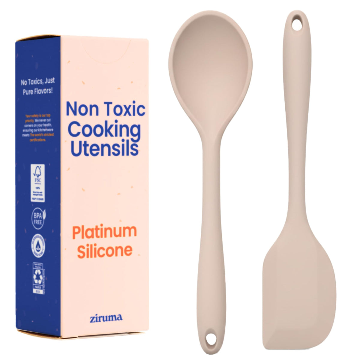 Ziruma non-toxic platinum silicone spoon with steel core, heat resistant up to 500°F.