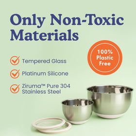 Ziruma stainless steel bowls with glass lids for durability and visibility.