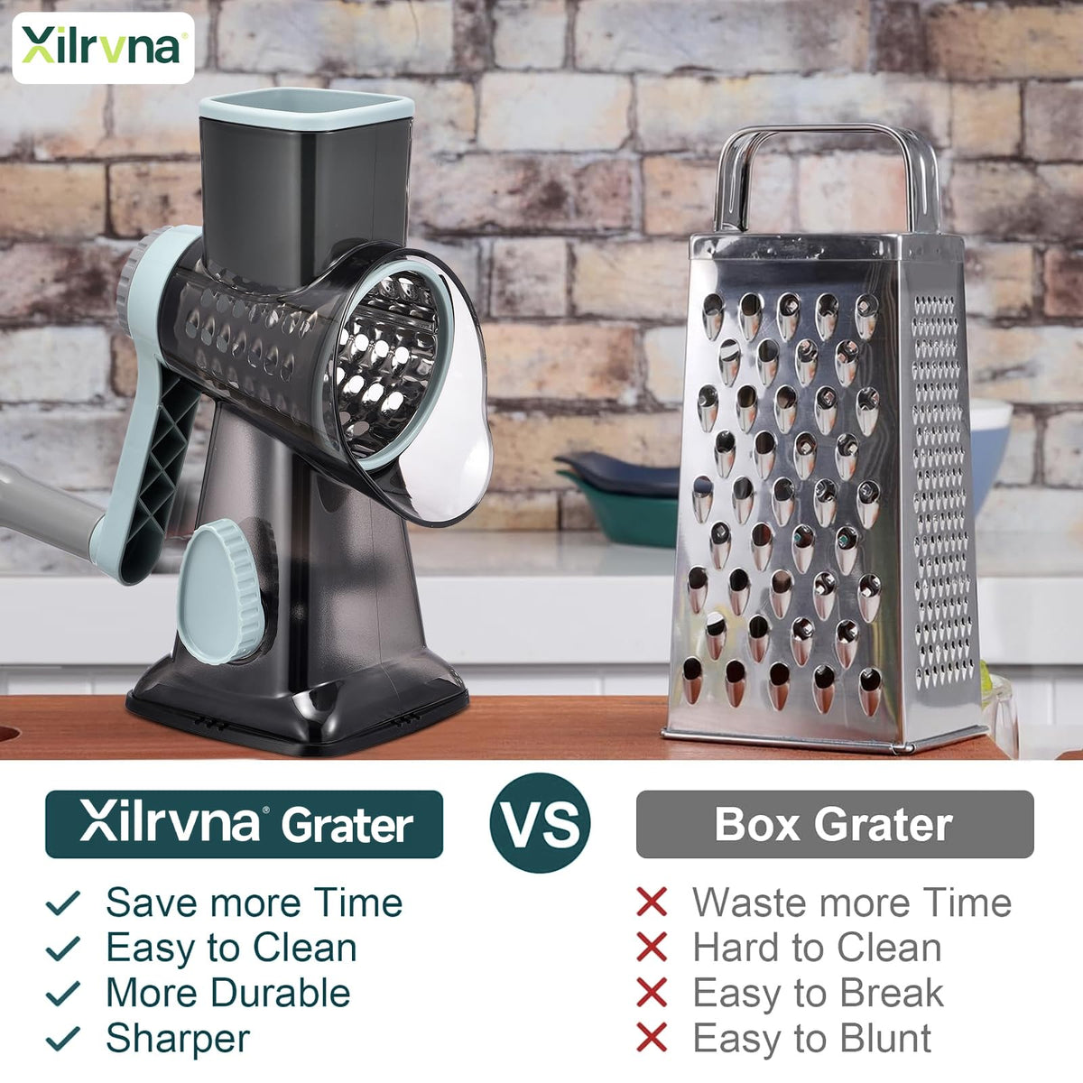 Ziweaye grater showing three blades for slicing, shredding, and grinding