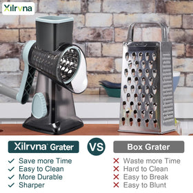 Ziweaye grater showing three blades for slicing, shredding, and grinding
