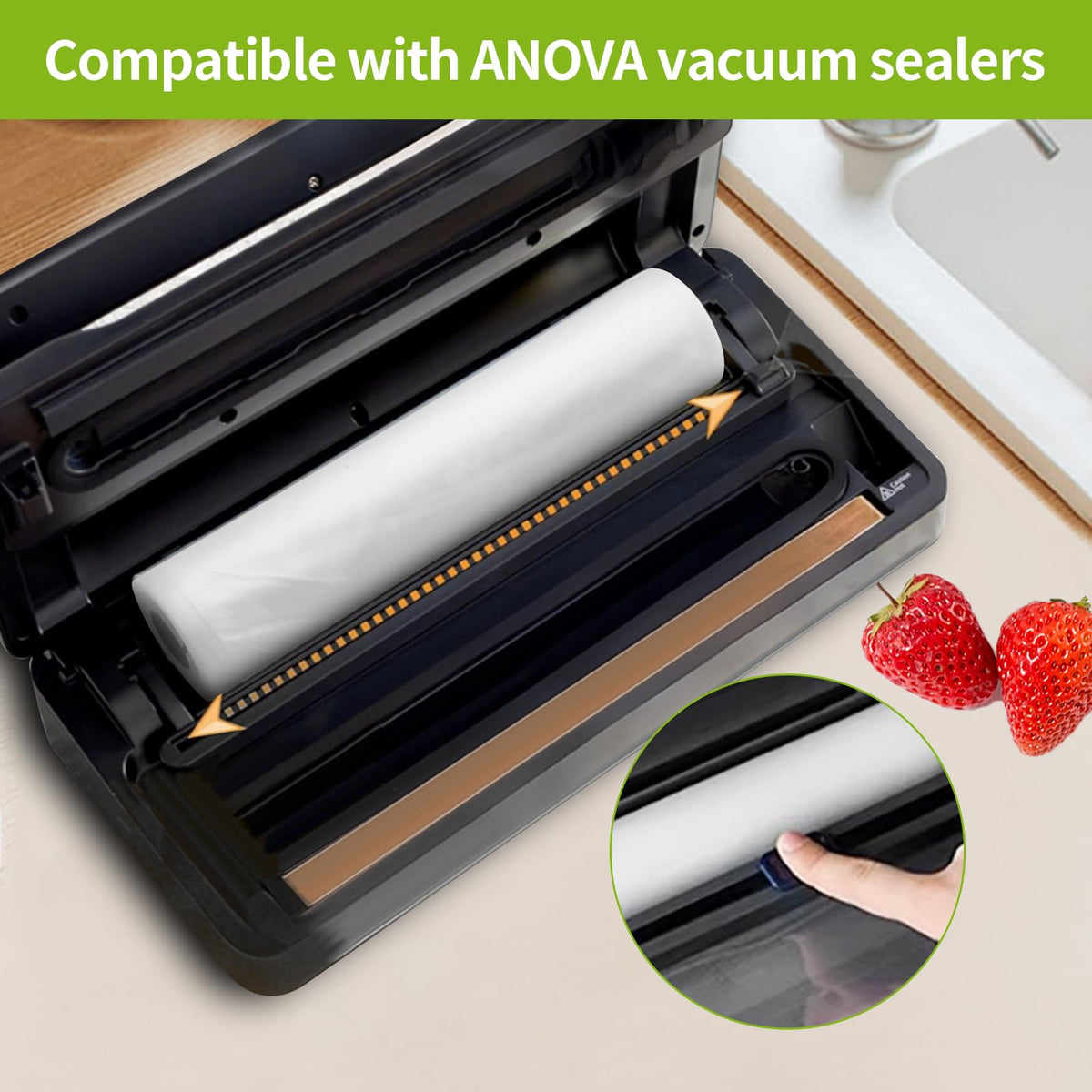 ZIZAISM bag image showing compatibility with Anova and Foodsaver for leak-free seals