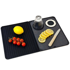 ZJWZLG bar mat in black folding open keeps counters tidy during cocktail prep.