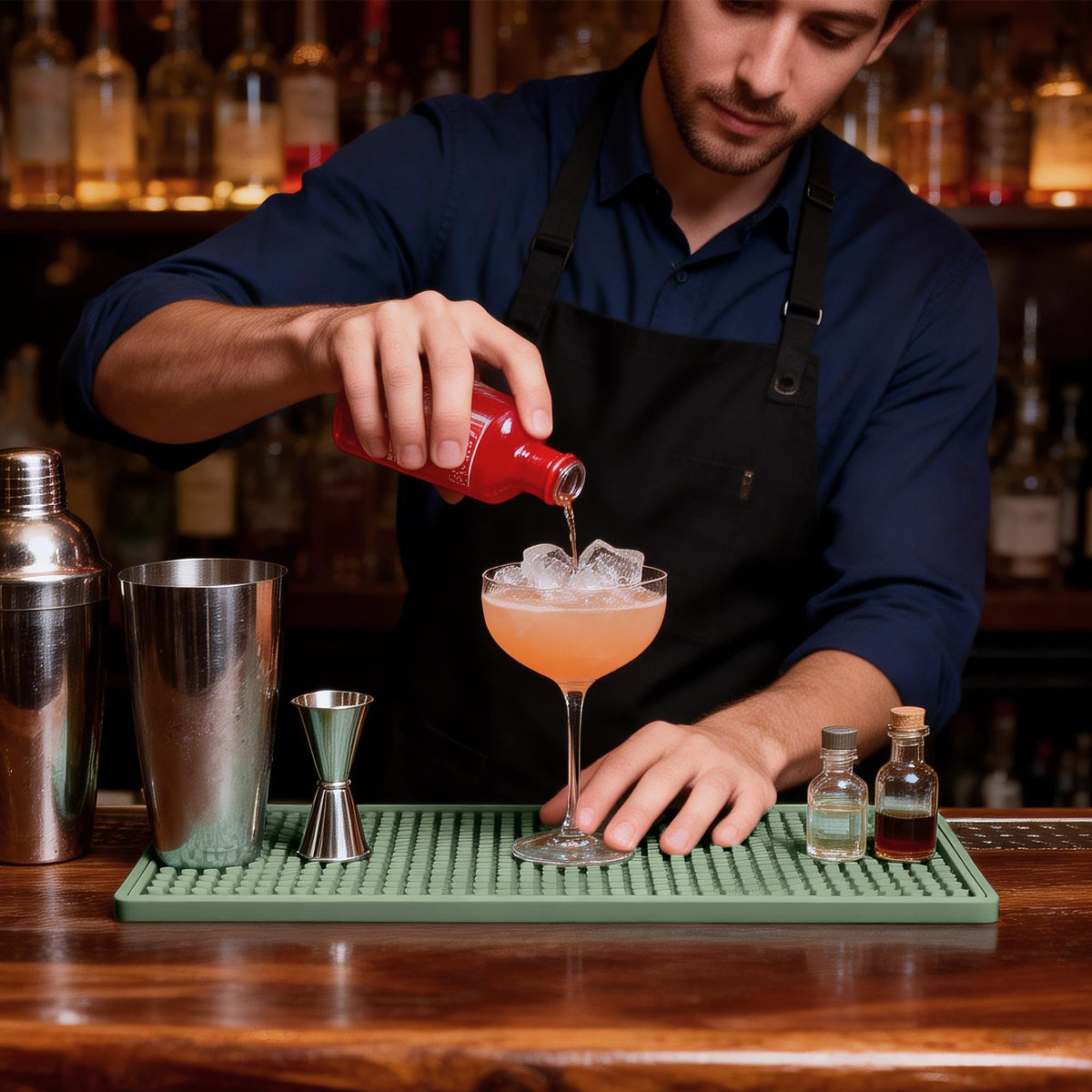 ZJWZLG Bar Mat Small on countertop provides heat protection for hot items.