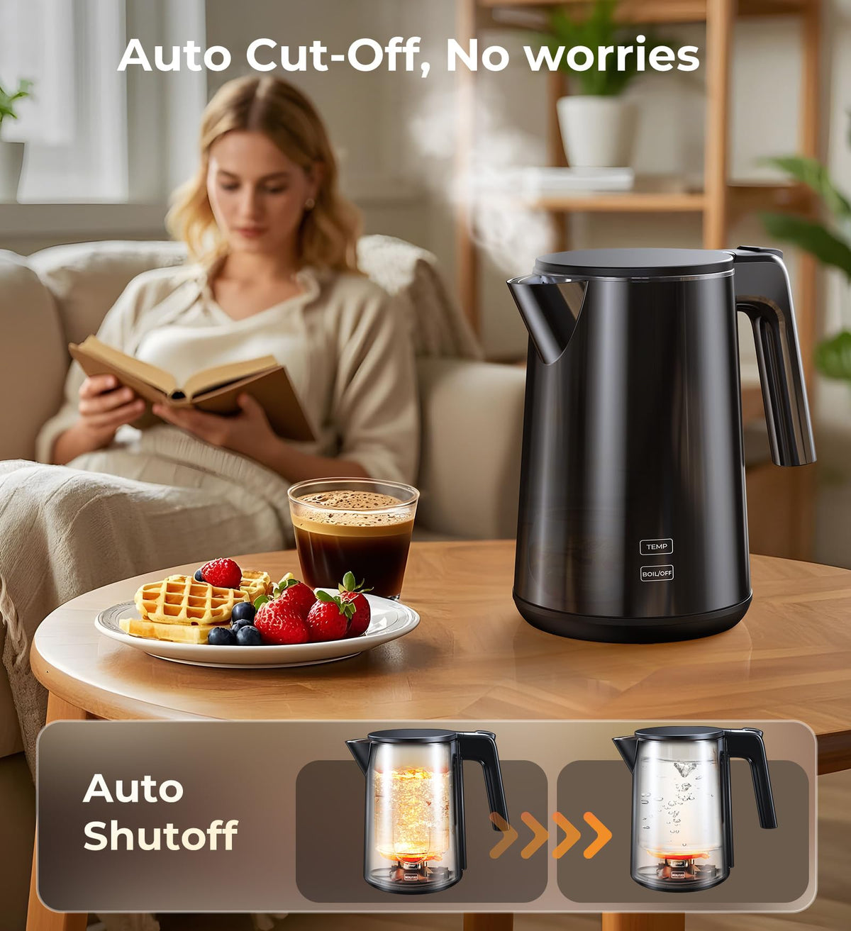 ZKBHOME Electric Kettle rapid boil water action for faster beverages.