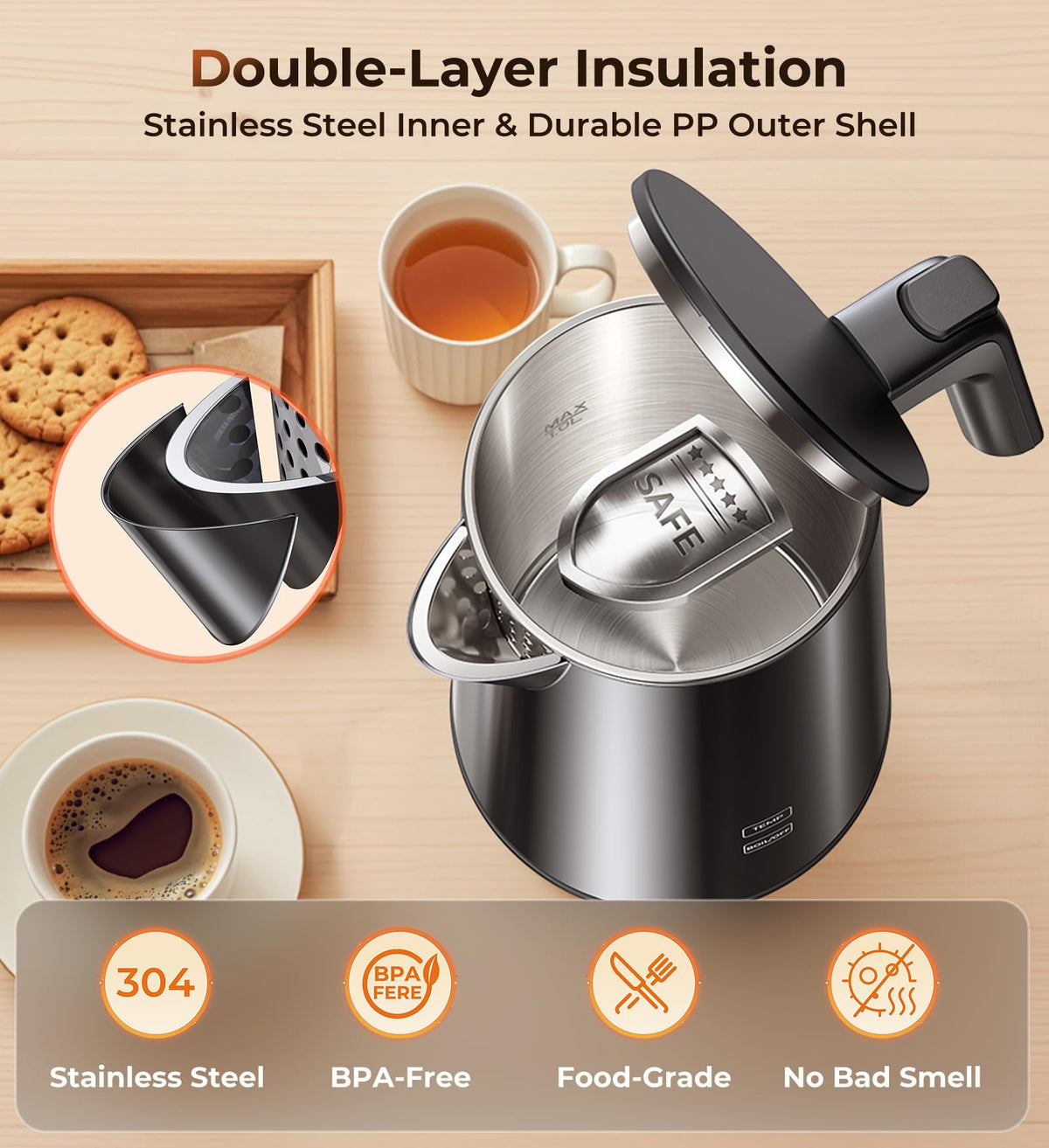 ZKBHOME Electric Kettle 1L side view highlighting ergonomic cool-touch exterior.