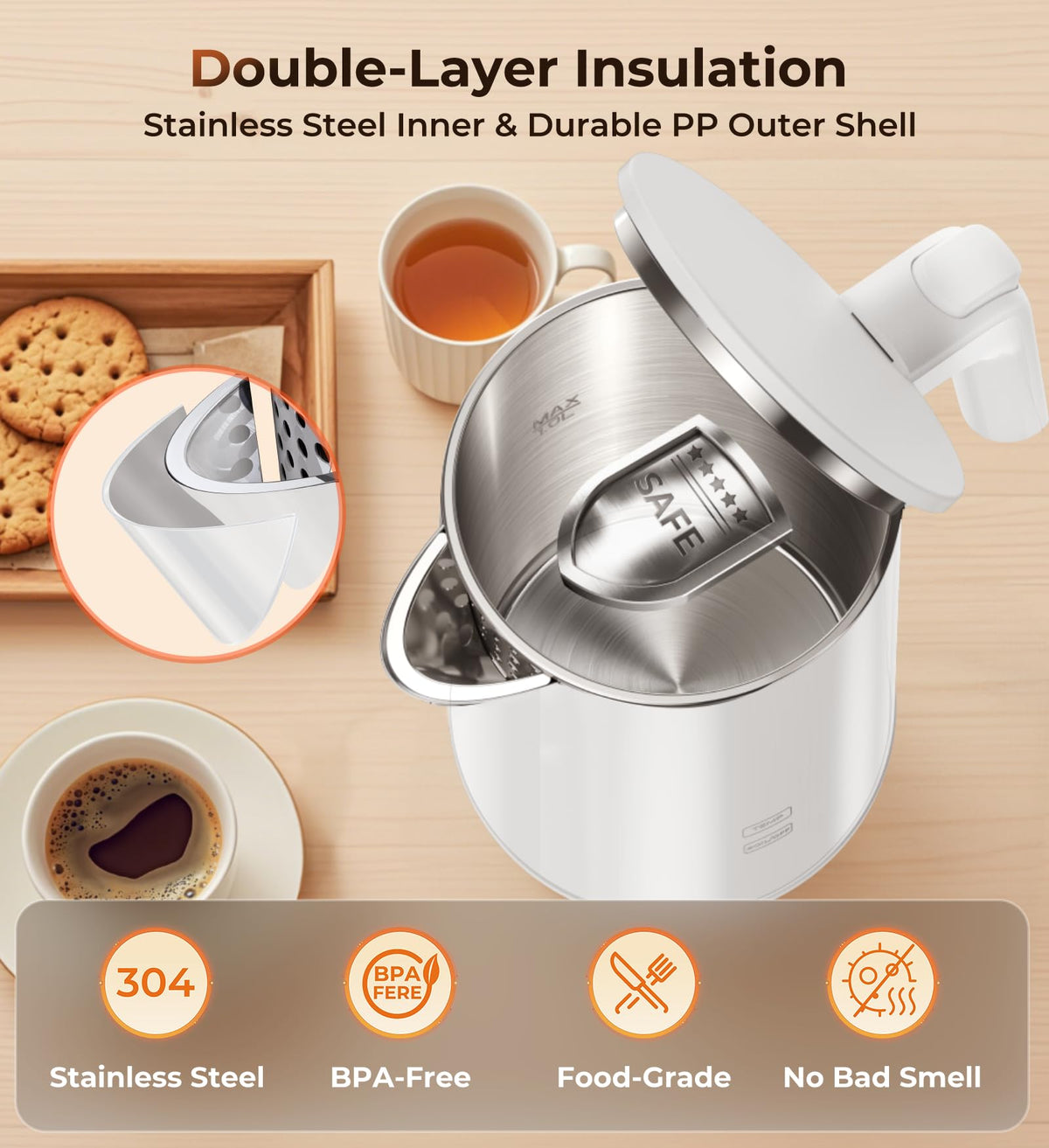 ZKBHOME 1.0L kettle interior made of stainless steel for durability