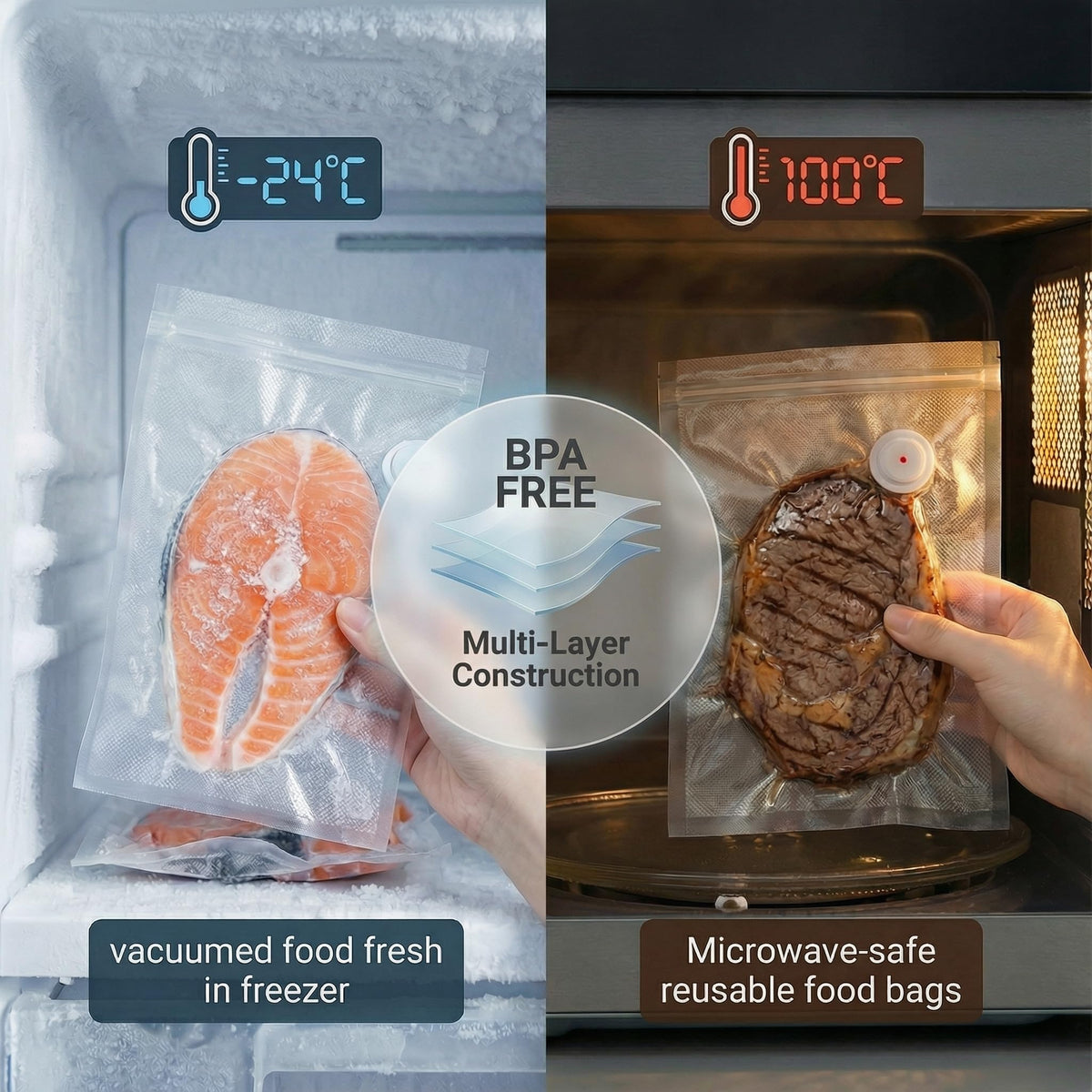 ZKIRON freezer, microwave, and sous vide safe bag for versatile cooking.