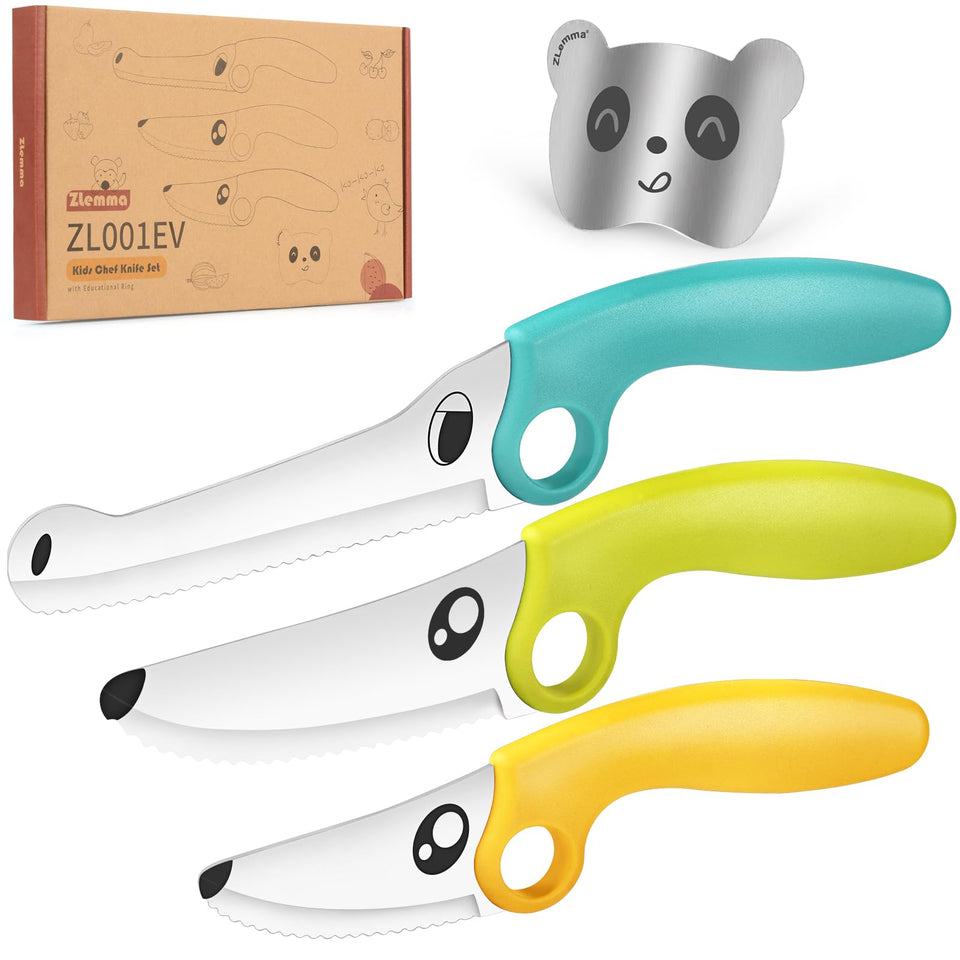ZLemma Kids Knife Set with Educational Ring guides safe grip for young cooks.