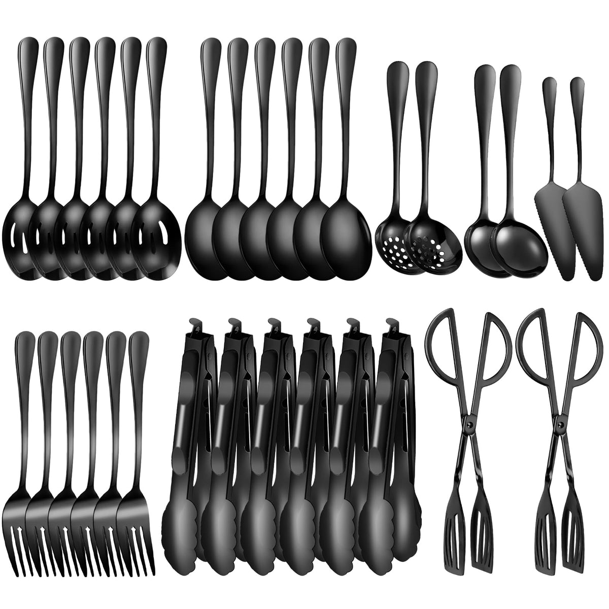 ZLMTZDJD 32-piece gold serving utensils set displayed on a buffet for elegant entertaining