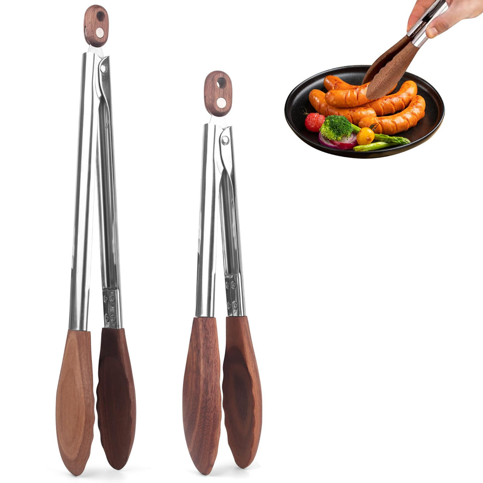 ZLMXXT wooden tips 15-inch tongs for safe flipping on hot grills and nonstick pans.