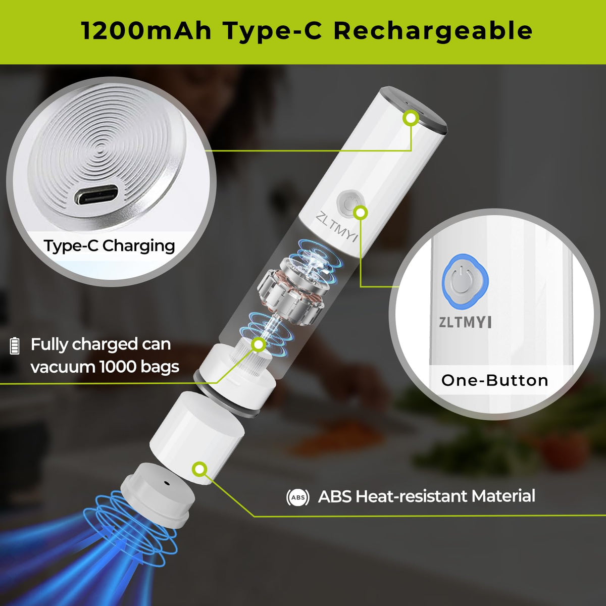 ZLTMYI Type-C rechargeable power for easy on-the-go sealing