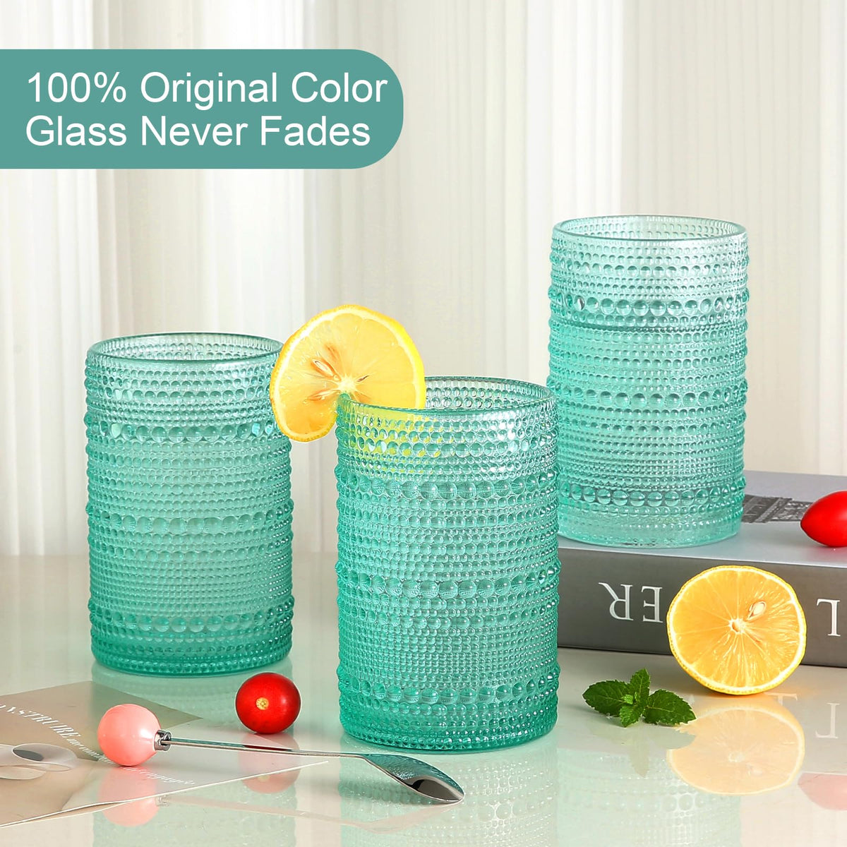 ZMOWIPDL lake blue 15oz glass cup shown for cocktails and water