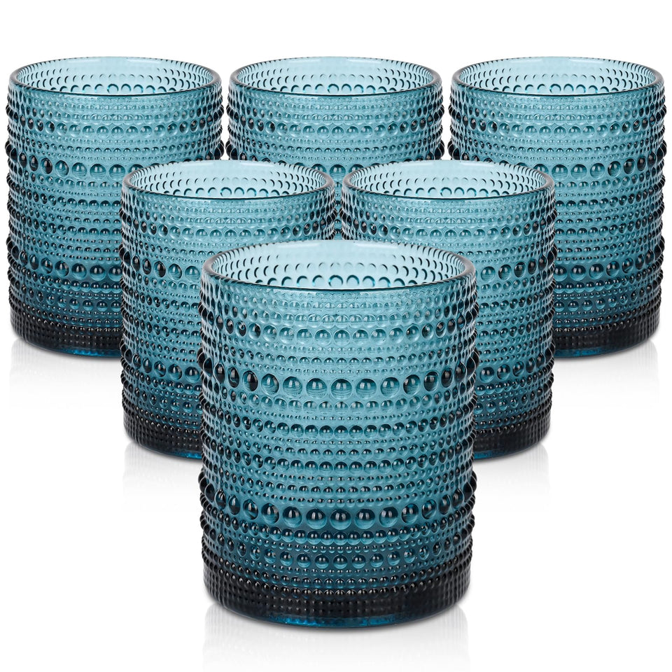 ZMOWIPDL vintage hobnail blue glass 12oz front view showing embossed texture and heft