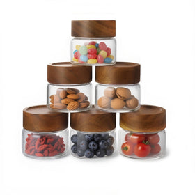 Zoaiirte 6-pack 4oz glass jars with acacia lids for organized pantry storage.