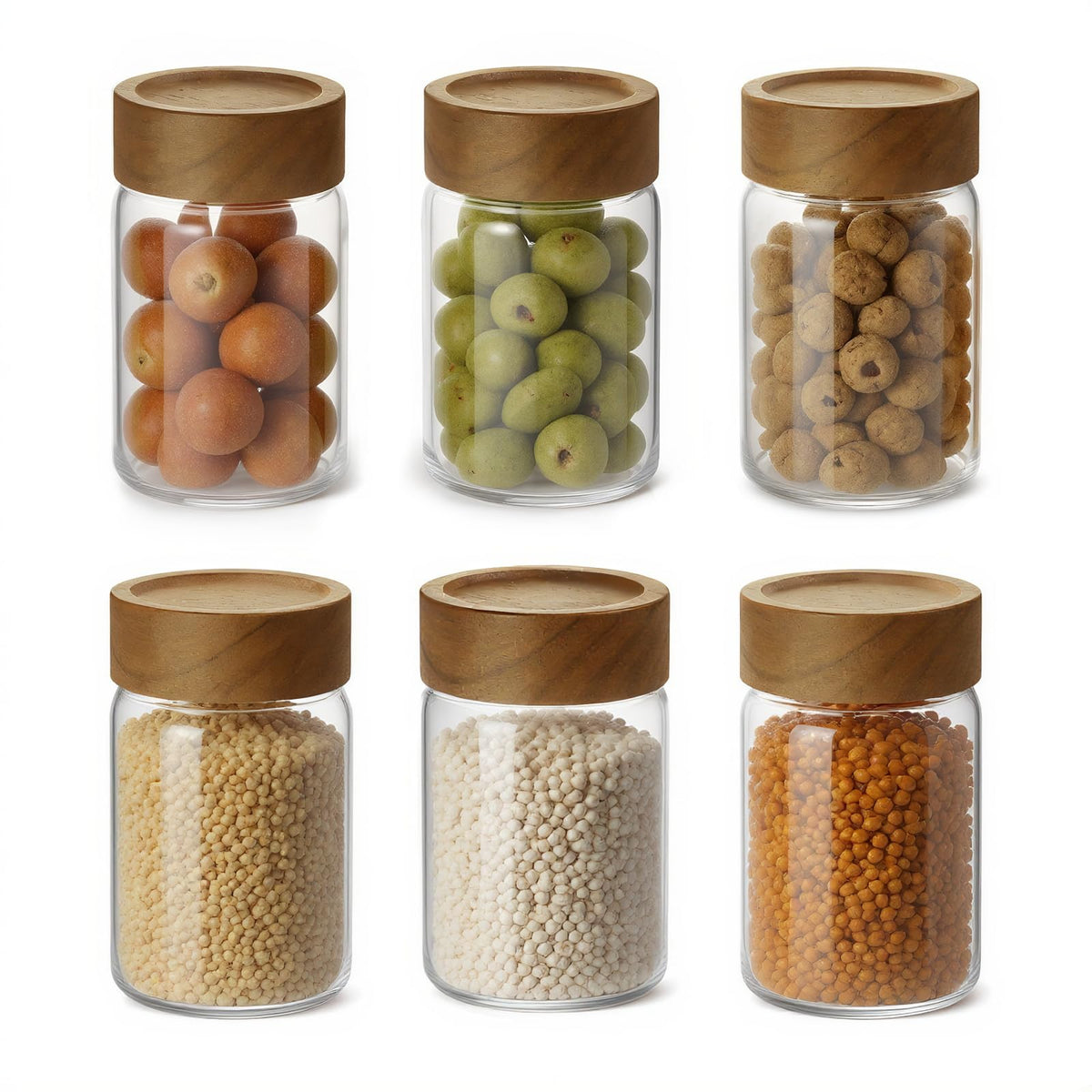 Zoaiirte 6pc glass mason jars with acacia wood lids for airtight meal prep.