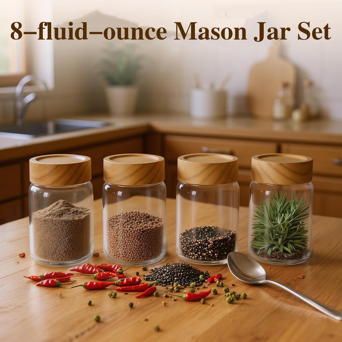 Zoaiirte acacia wood lids seal out moisture to keep contents fresh.