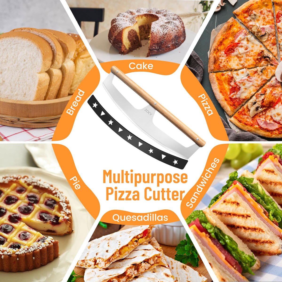 ZOCY curved-blade design enables smooth one-pass pizza cuts.