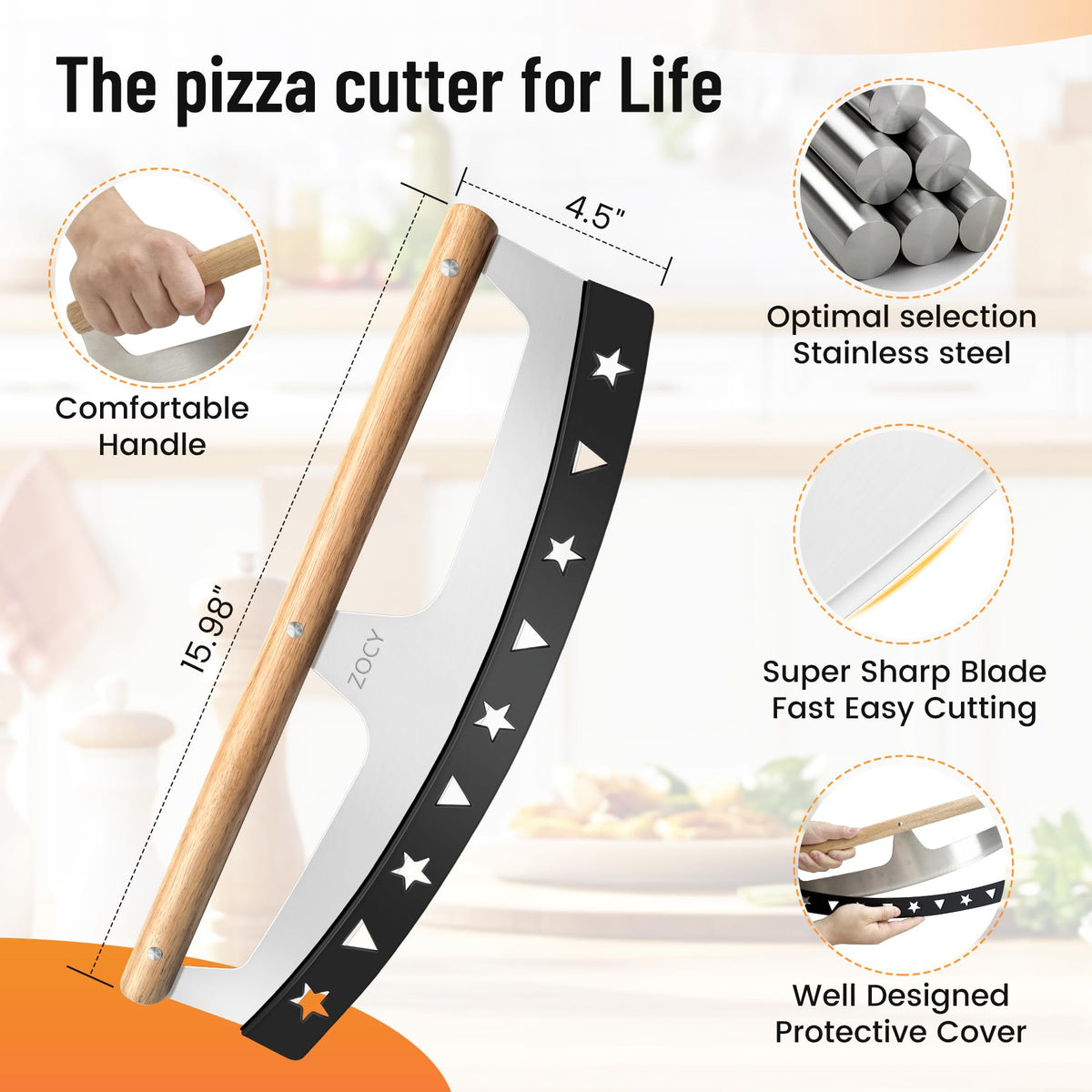 ZOCY pizza cutter rocker with protective cover over the blade for safe storage.
