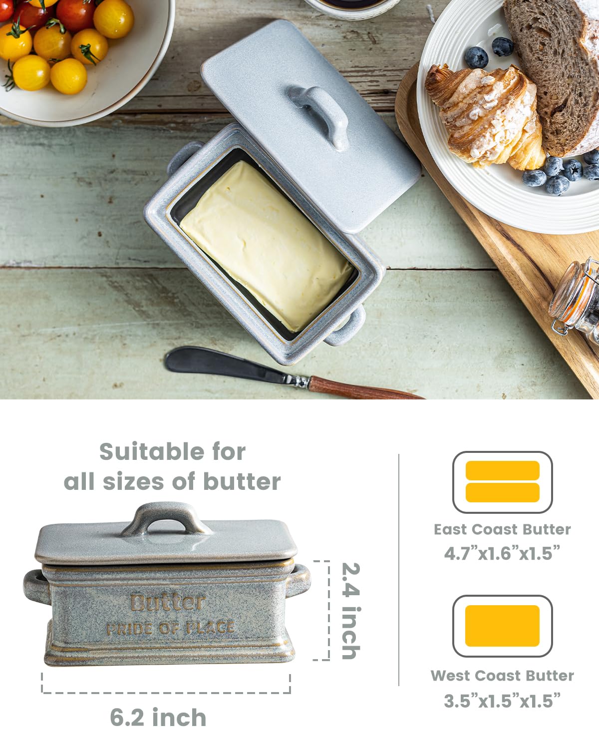 Zoeeker butter dish with dual handles for easy transport from fridge to table.