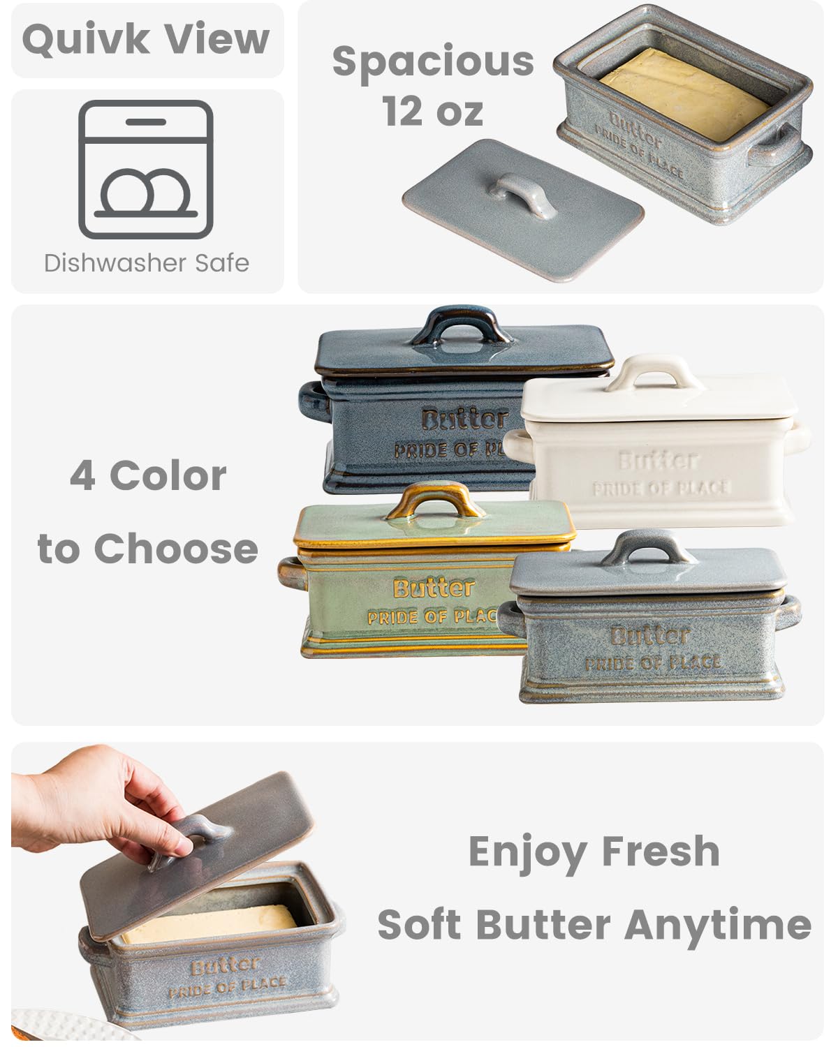 Zoeeker butter dish sits on the countertop, blending farmhouse charm with practicality.