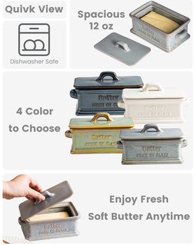 Zoeeker butter dish sits on the countertop, blending farmhouse charm with practicality.