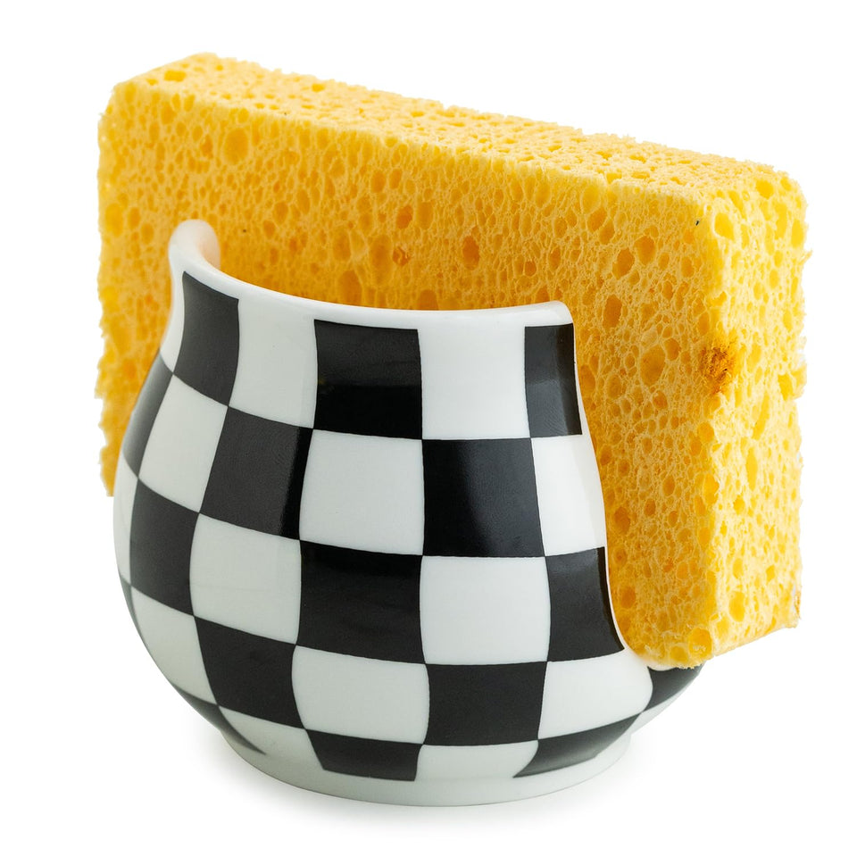 Zoeeker checkered sponge holder in black and white adds stylish sink organization.