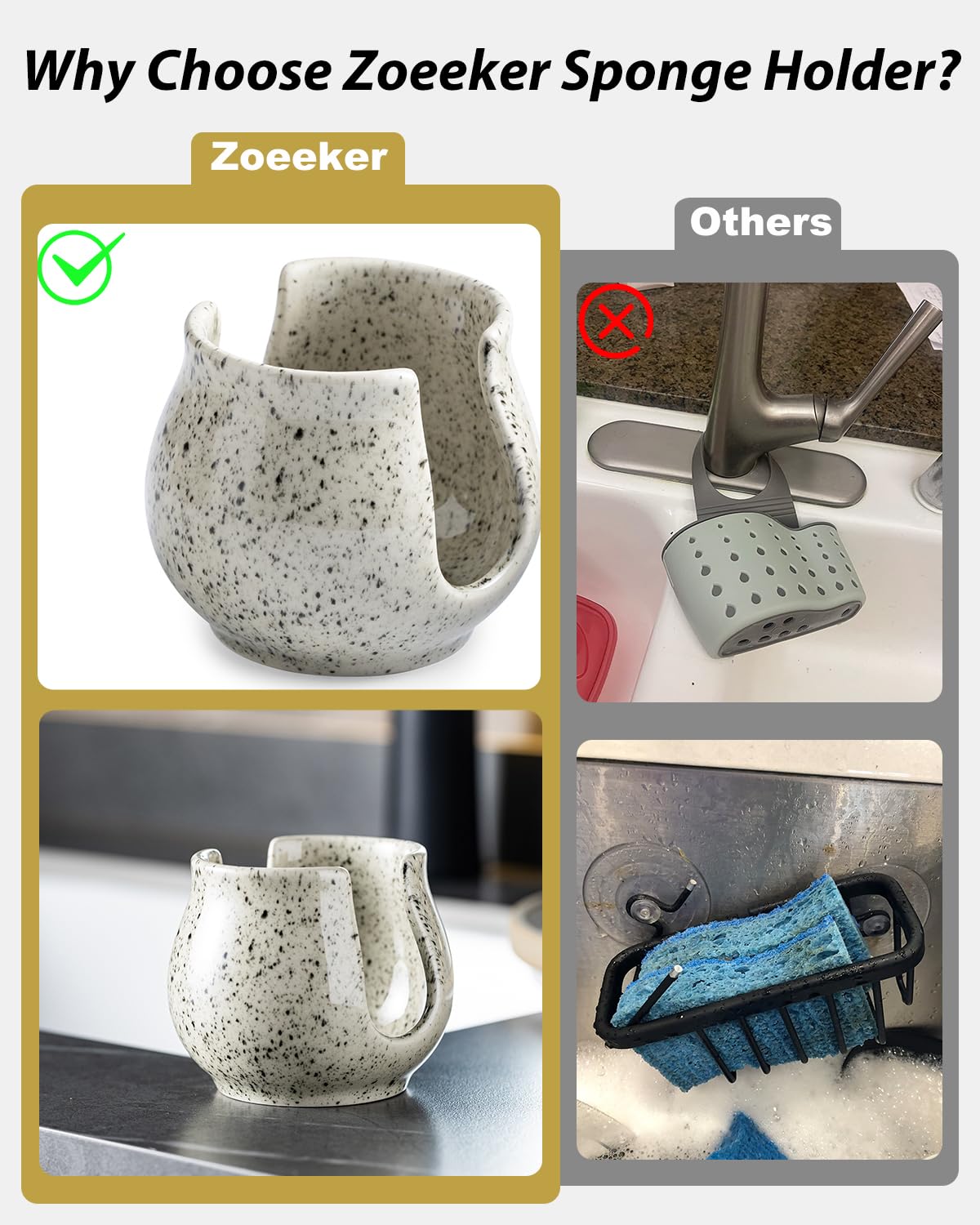 Zoeeker non-slip base keeps the sponge caddy steady during busy tasks