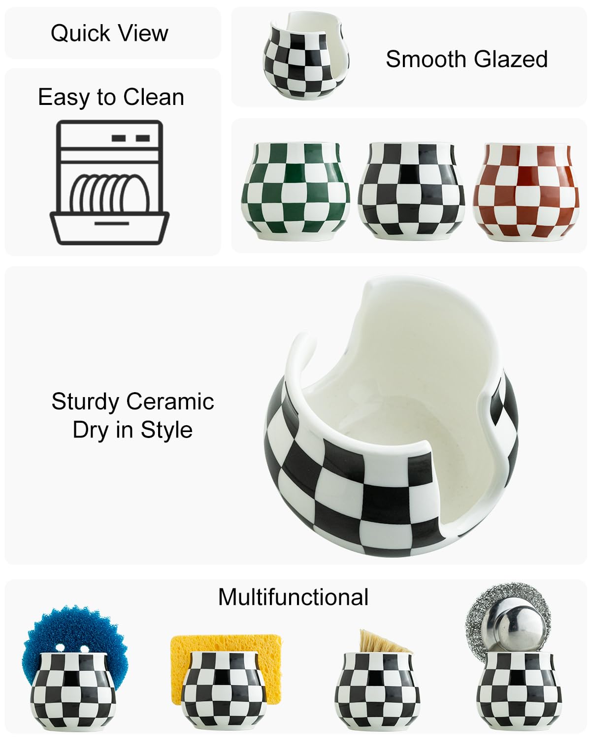 Zoeeker sink caddy with checkered pattern keeps sponges off the counter.