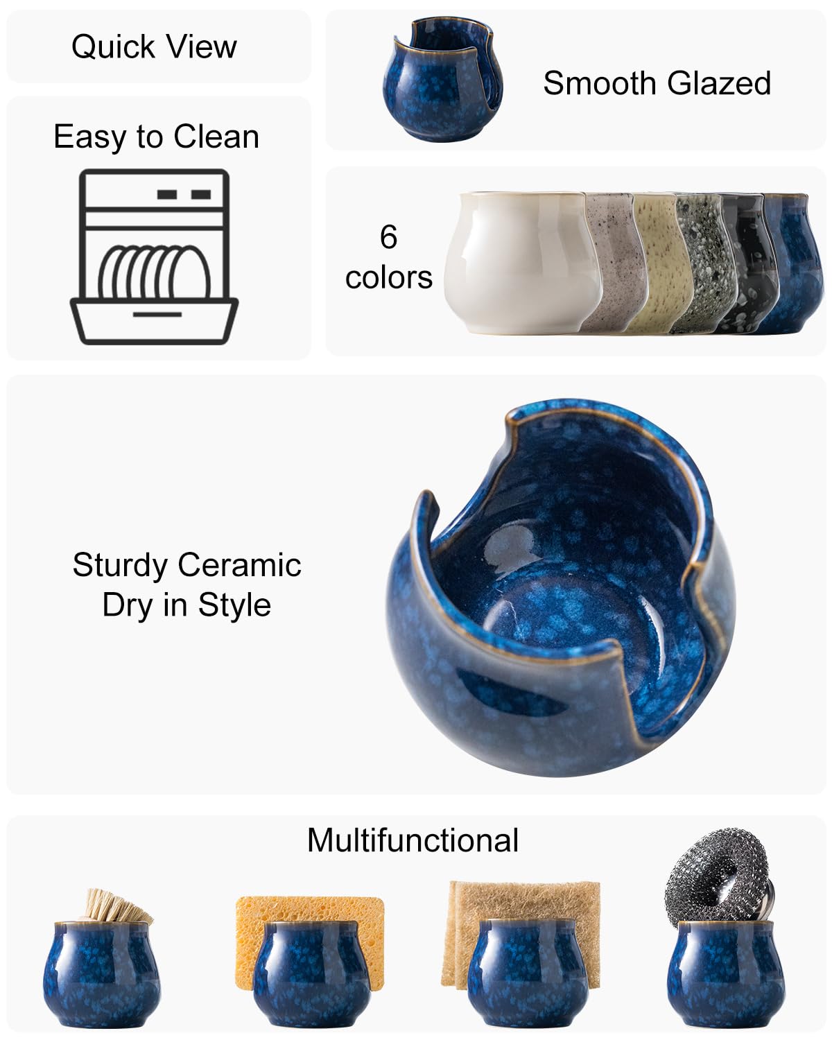 Zoeeker sink scrubby caddy ceramic stores brushes beside the sink.