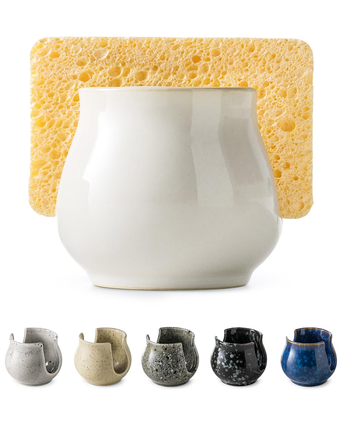 Zoeeker ceramic sponge holder on white sink showing organized sponge area and clean lines