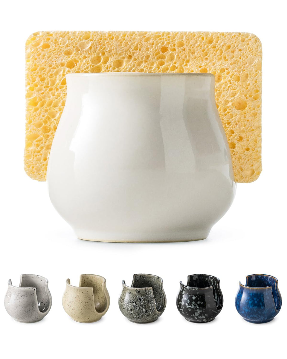 Zoeeker ceramic sponge holder on white sink showing organized sponge area and clean lines