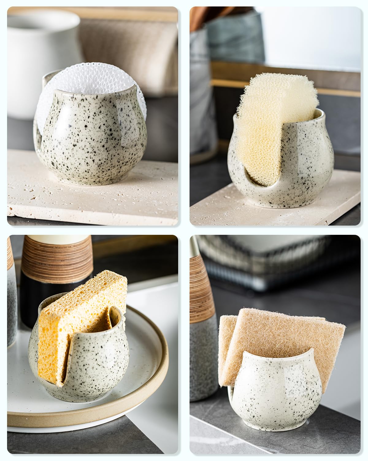 Zoeeker sponge-caddy complements rustic and coastal kitchens with speckled glaze