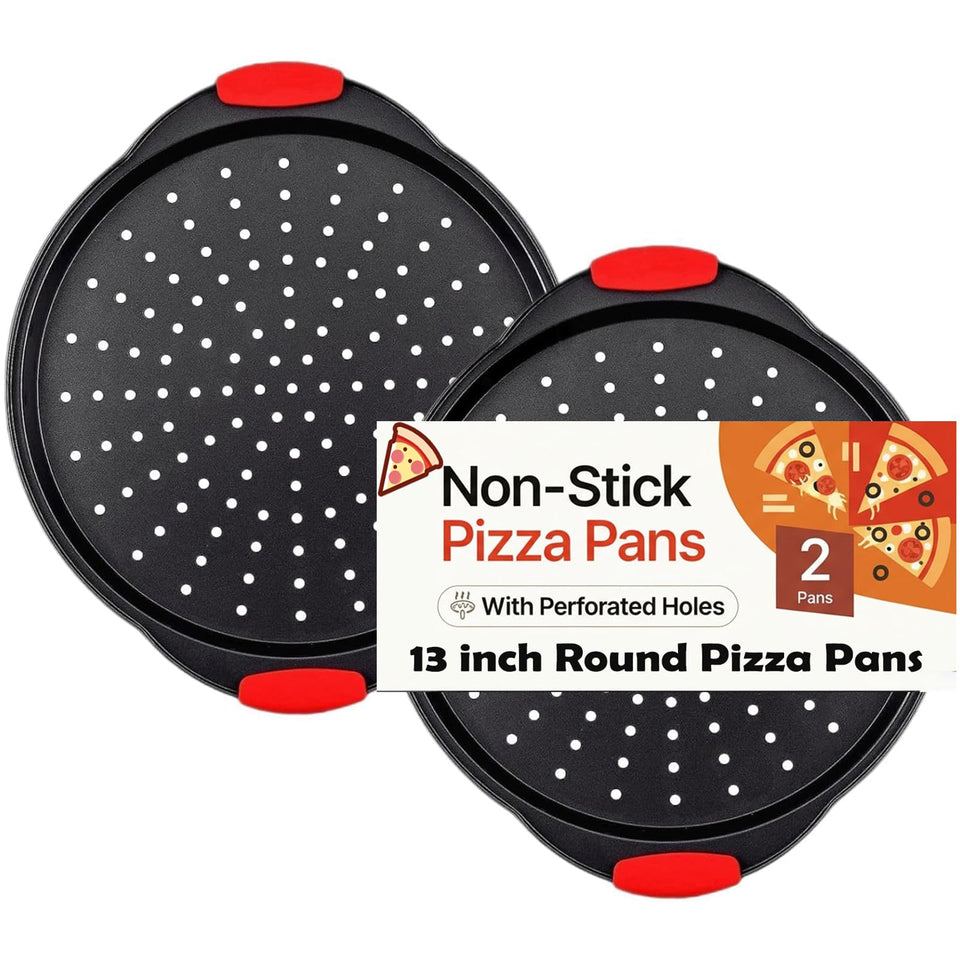 ZOEHROWS 13-inch pizza pan with holes for even heating and crispy crust.