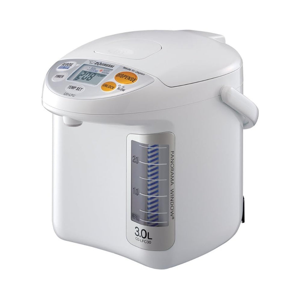 Zojirushi CD-LFC30 panorama window water boiler with clear gauge for precise hot water at ready-to-brew temperatures.