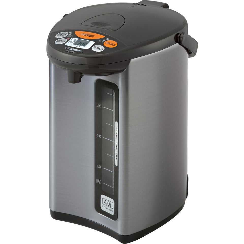 Zojirushi Micom Water Boiler 4L front view, compact and ready for quick hot water.