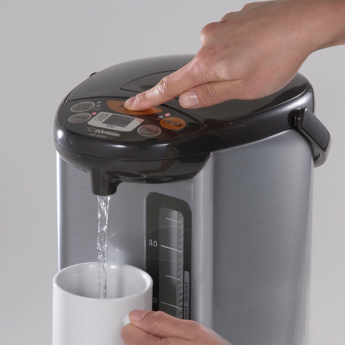 Zojirushi Micom Water Boiler 4L keep-warm display keeping temperatures visible.
